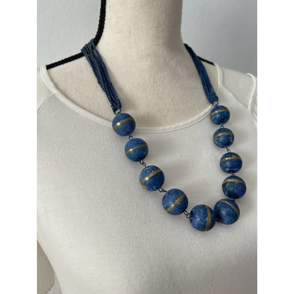 Vintage Blue Beads W Gold Accents and Multi Strand Chain Matinee Necklace GUC